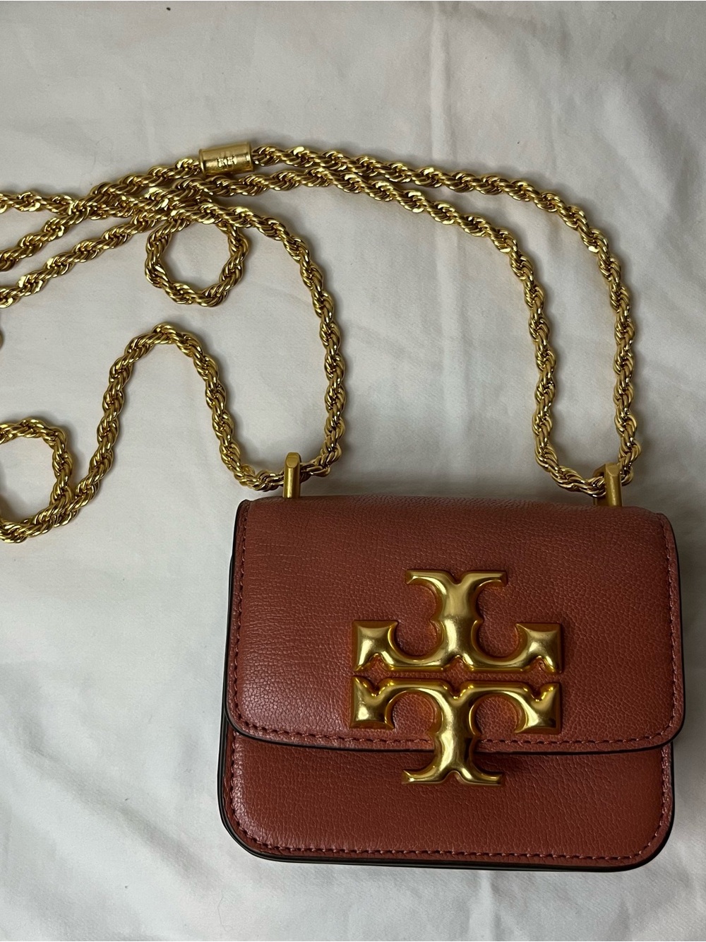 Tory Burch Eleanor Mini Pebbled Leather Crossbody Chain Bag Rosewood Brown